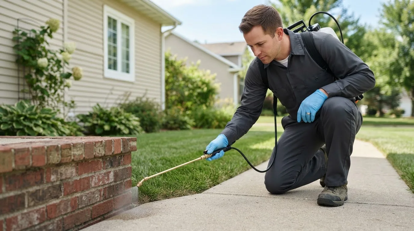 Pest control technician treating a home near Bantry, ND