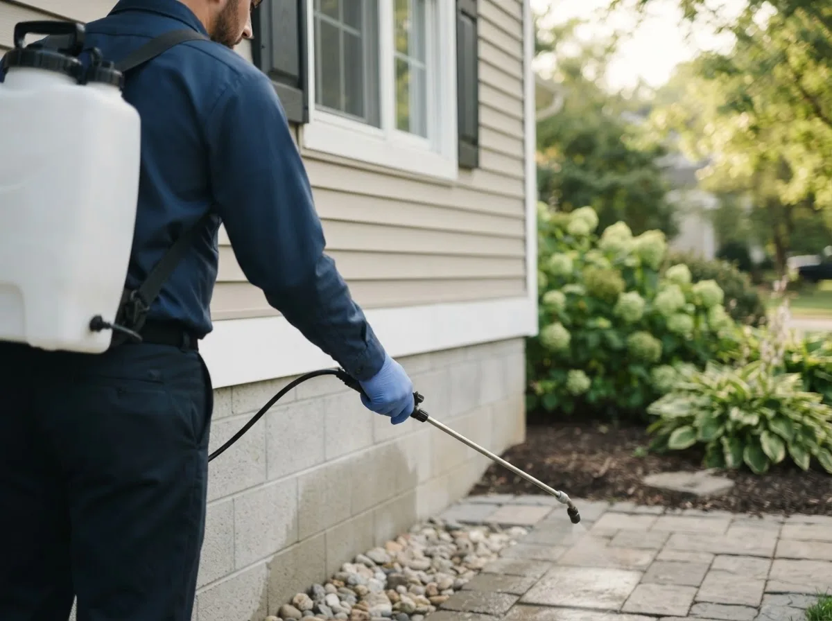 Pest control technician inspecting a home in Bantry, ND